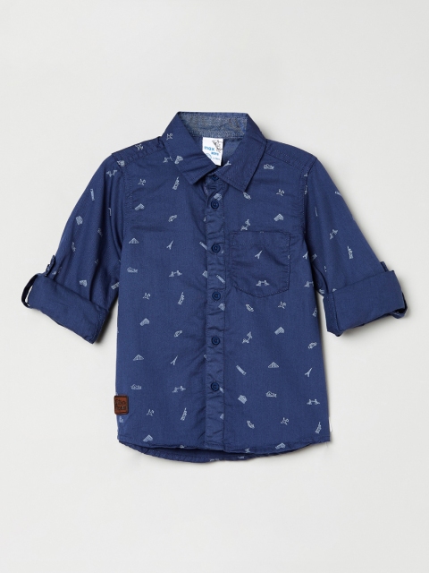 

max Boys Navy Blue Regular Fit Printed Cotton Casual Shirt
