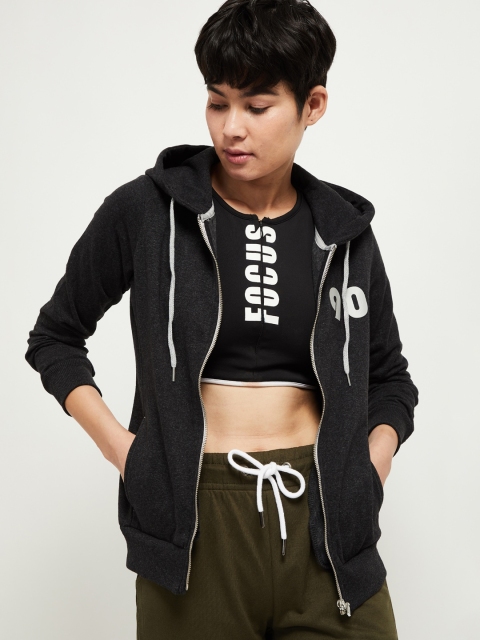 

max Women Charcoal Black Solid Hooded Sweatshirt