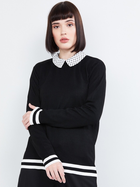 

max Women Black Self Design Cardigan Sweater