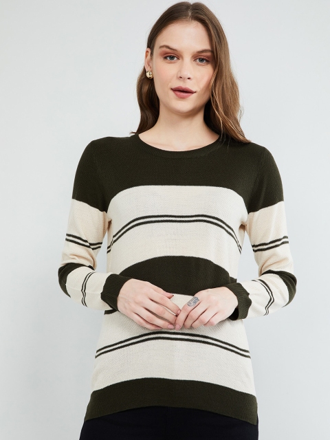 

max Women Olive Green Striped Sweater Vest Sweater