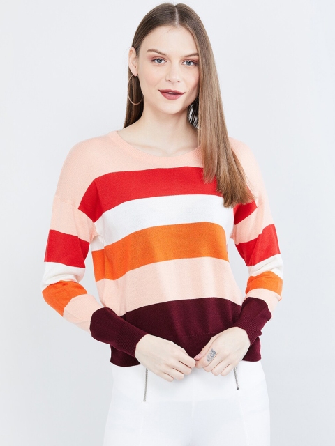 

max Women Peach & Red Colourblocked Pullover Sweater