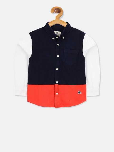 

Cherry Crumble Boys Navy Blue & Orange Regular Fit Colourblocked Casual Shirt