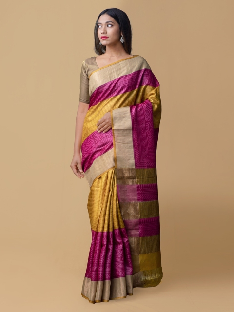 

Unnati Silks Yellow & Pink Handloom Tussar Silk Colourblocked Saree