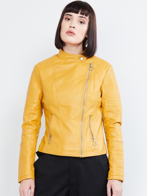 max Women Mustard Yellow Solid Biker Jacket