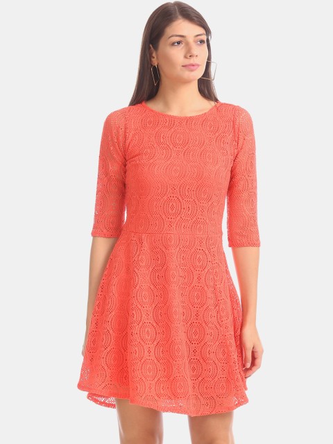

Sugr Women Coral Orange Self Design Fit and Flare Dress