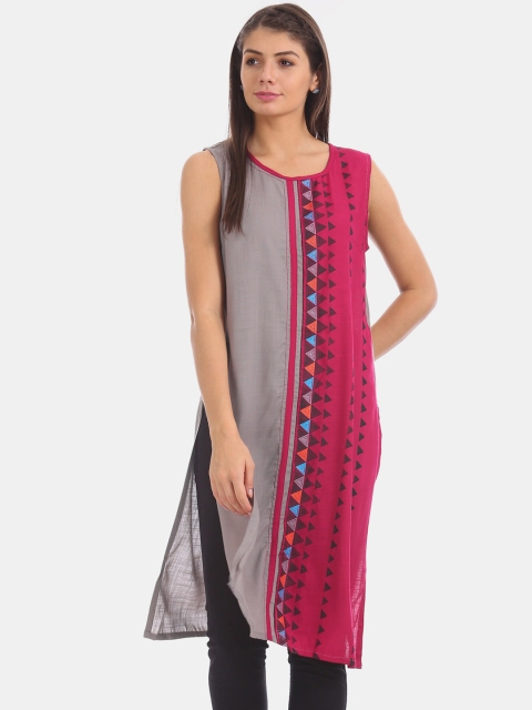 

Karigari Women Grey & Pink Colourblocked Straight Kurta