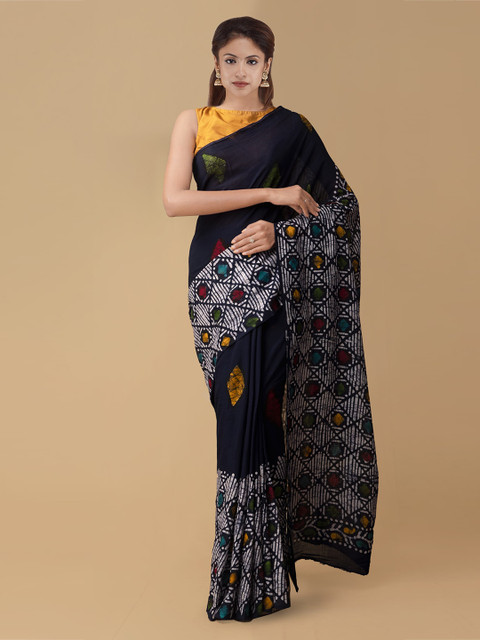 

Unnati Silks Navy Blue & White Pure Cotton Printed Handloom Saree