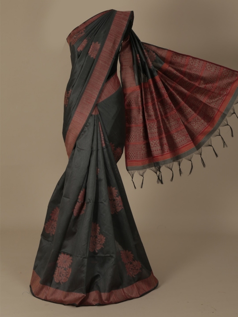 

Pothys Charcoal Grey & Red Jute Silk Woven Design Saree