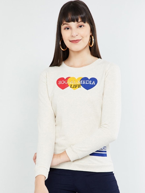 

max Women Beige Printed Cotton Sweatshirt