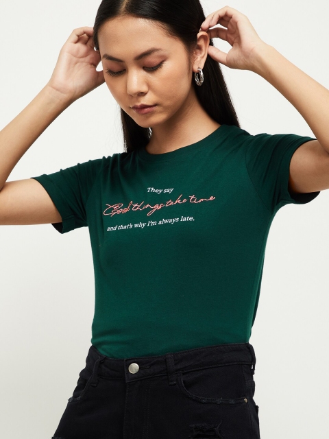 

max Women Green & White Printed Round Neck T-shirt