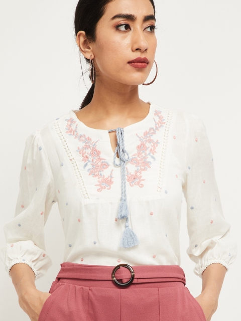

max Women Off-White & Pink Floral Embroidered Top