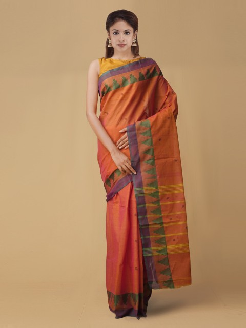 

Unnati Silks Orange & Green Pure Uppada Cotton Woven Design Handloom Saree