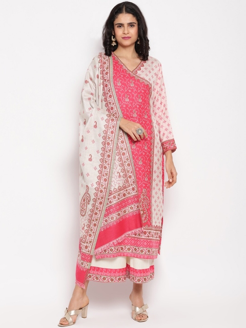 

HK colours of fashion Women Coral Pink & White Woven-Design Unstitched Dress Material