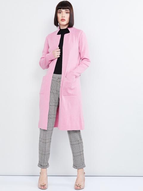 

max Women Pink Solid Longline Front-Open Sweater