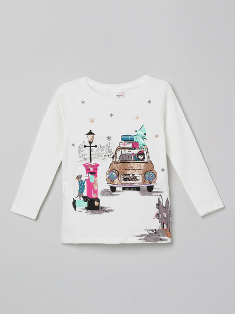 

max Girls Off-White & Brown Printed Round Neck T-shirt