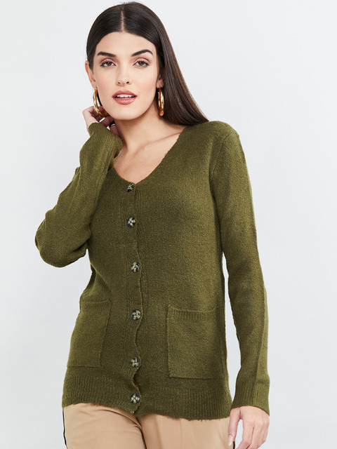 

max Women Olive Green Textured Cardigan Sweater
