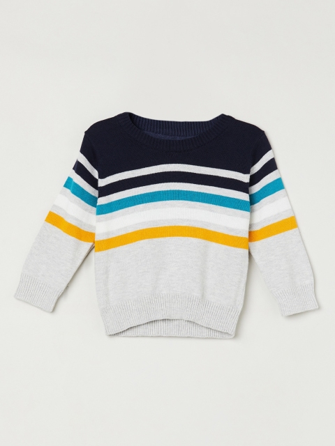 max Boys Grey & Navy Blue Striped Cotton Pullover Sweater