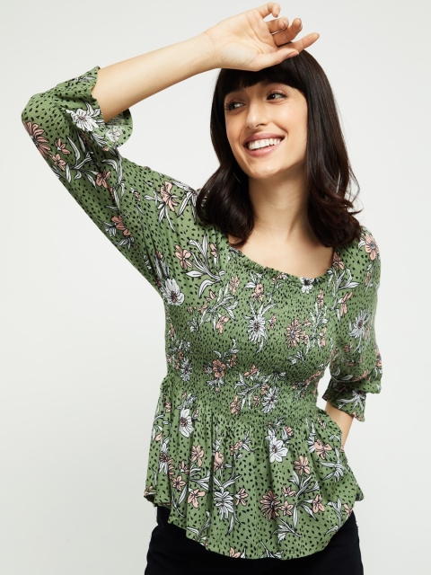 

max Women Olive Green Floral Printed Cinched Waist Top