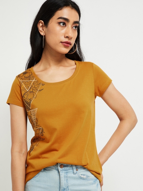 

max Women Mustard Yellow Printed Round Neck T-shirt