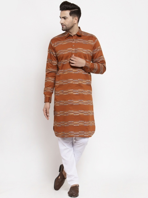 

Jompers Men Mustard Brown & White Striped Cotton Kurta with Pyjamas