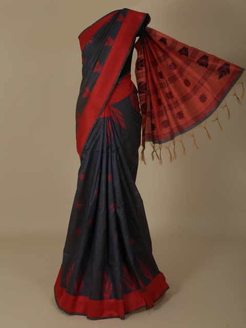 Pothys Navy Blue & Red Jute Silk Woven Design Saree