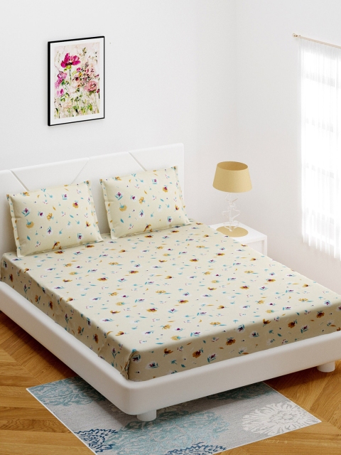 

BOMBAY DYEING Beige & Blue Floral Print Double Bedsheet With 2 Pillow Covers