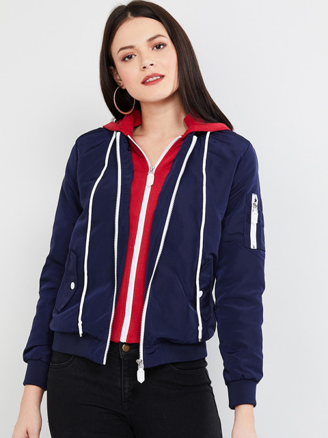 

max Women Navy Blue Striped Tailored Jacket