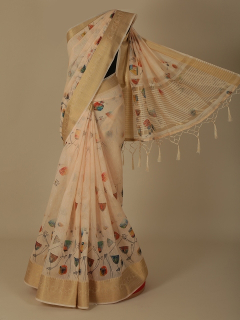

Pothys Cream-Coloured Woven Design Linen Blend Saree