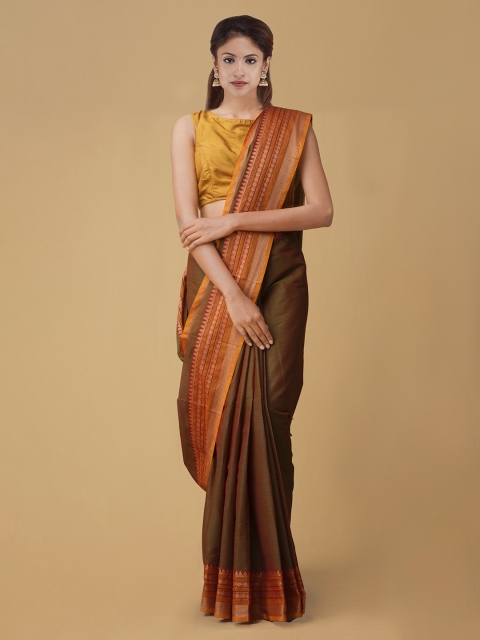 

Unnati Silks Olive Green & Red Pure Kanchi Cotton Solid Handloom Saree