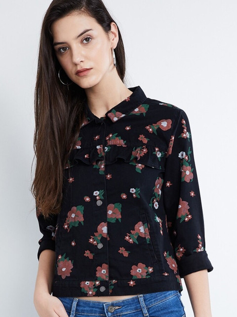 max Women Black Printed Denim Jacket