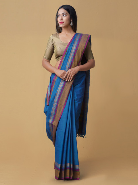 

Unnati Silks Blue & Gold-Toned Pure Kanchi Cotton Solid Saree