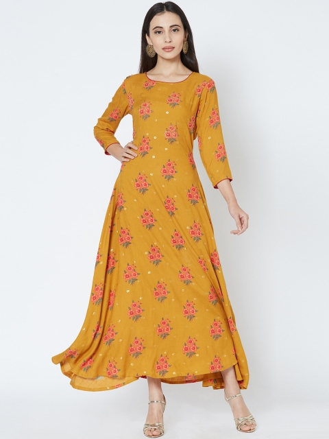 

FASHOR Women Mustard Yellow Floral Printed Maxi Dress