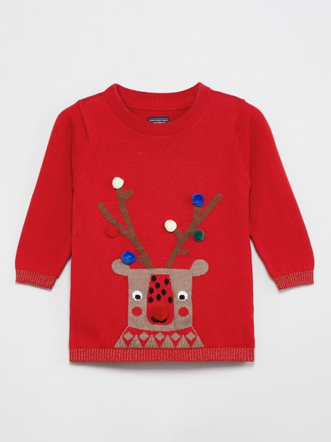 

max Girls Red Printed Pom Pom Detail Cotton Pullover Sweater