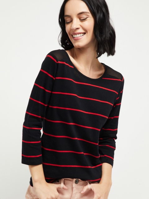 

max Women Black & Red Striped Round Neck T-shirt