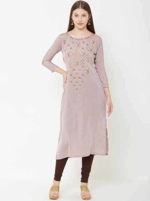 

FASHOR Women Mauve Embroidered Cotton Straight Kurta