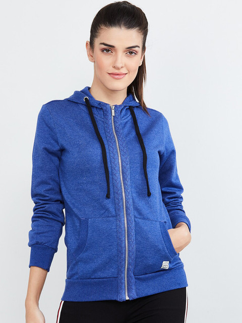

max Women Blue Solid Hooded Sweatshirt