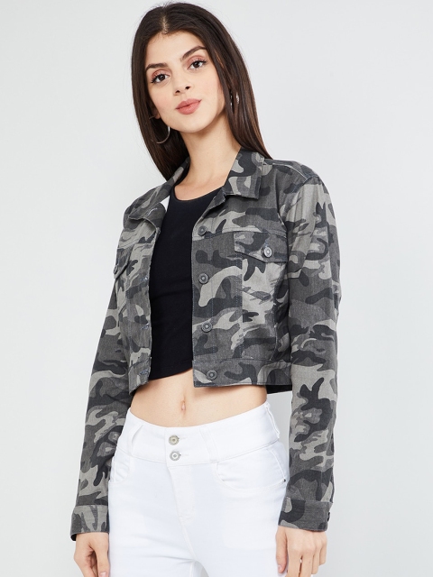 

max Women Grey Printed Crop Denim Jacket