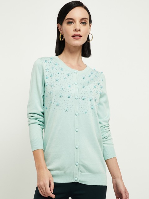 

max Women Green Embellished Cardigan Sweater