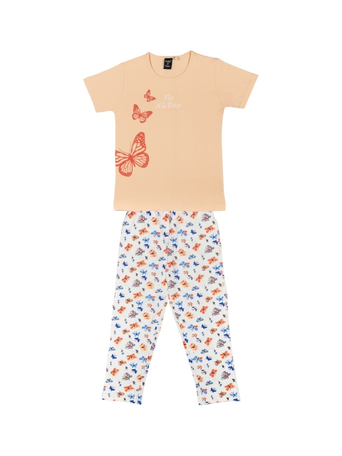 

Todd N Teen Girls Peach-Coloured & White Printed Night Suit