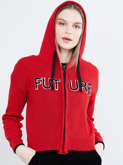 

max Women Red Printed Hooded Sweatshirt