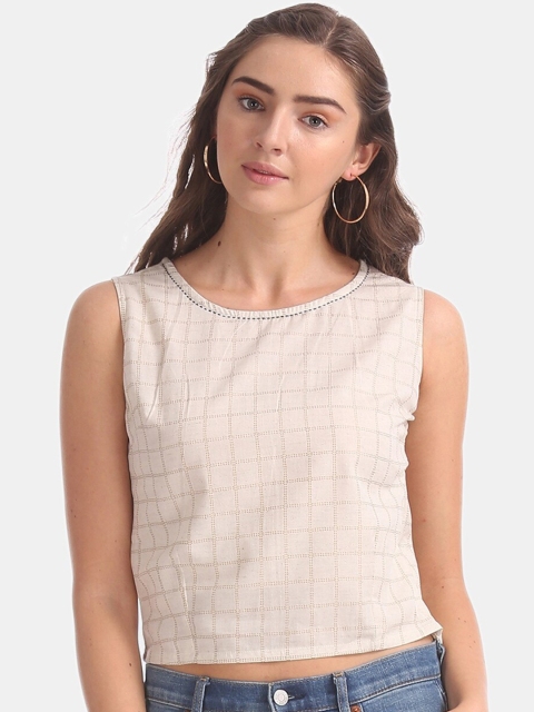 

Bronz Women Beige Checked Crop Top