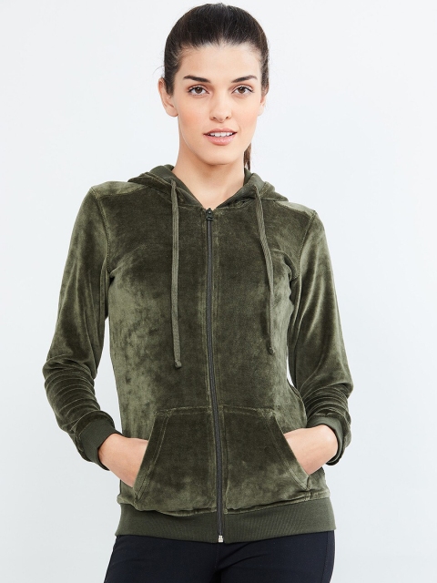 

max Women Olive Green Solid Bomber Hooded Jacket