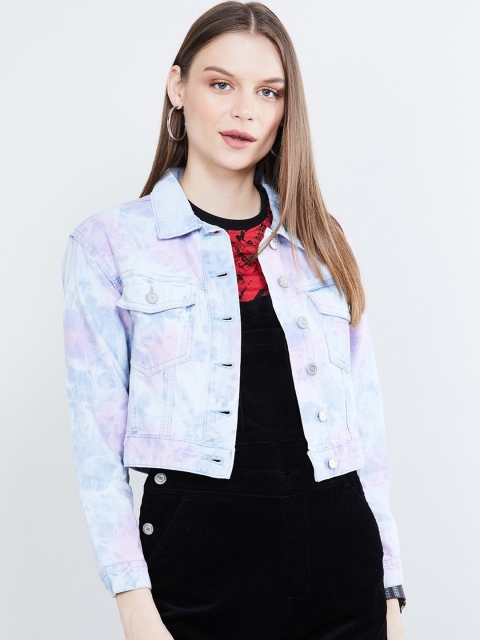 

max Women Blue Printed Denim Jacket