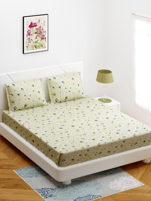 

BOMBAY DYEING Beige & Green Floral Print Double Bedsheet With 2 Pillow Covers