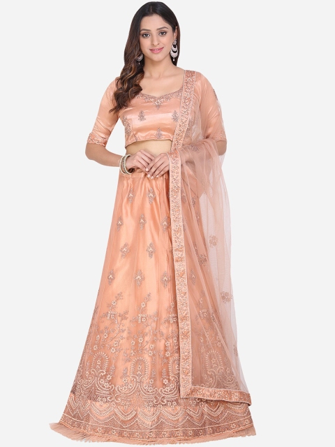 

Mitera Women Peach-Coloured Zari Embroidered Net Semi-Stitched Lehenga & Unstitched Choli with Dupatta