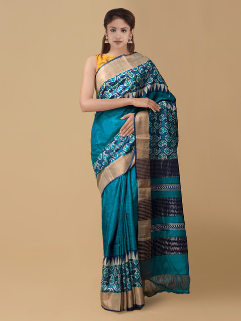 

Unnati Silks Blue Pure Silk Printed Handloom Tussar Saree