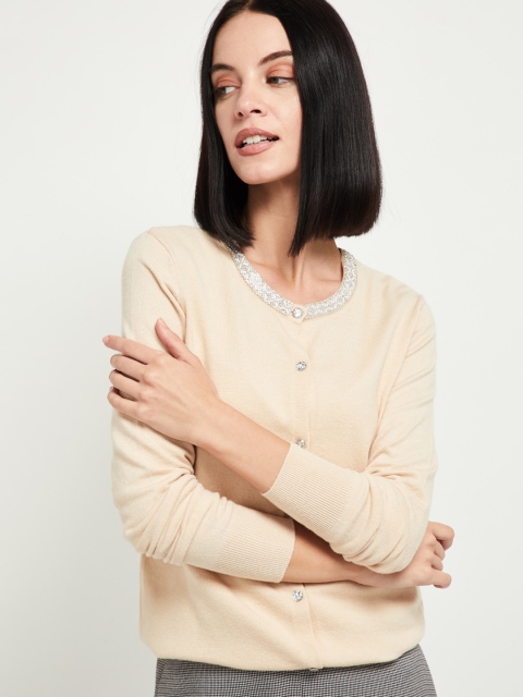 

max Women Cream-Coloured Solid Cardigan Sweater