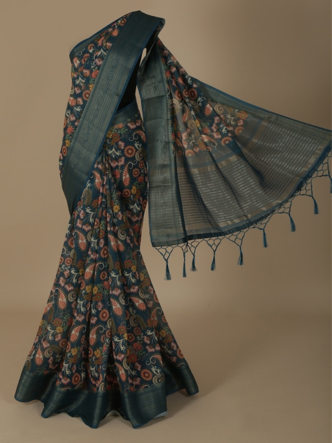 

Pothys Blue & Orange Linen Blend Printed Saree