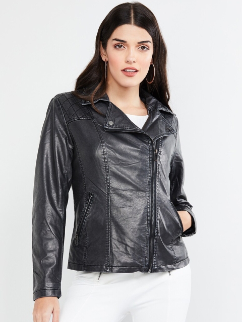 

max Women Black Solid Biker Jacket