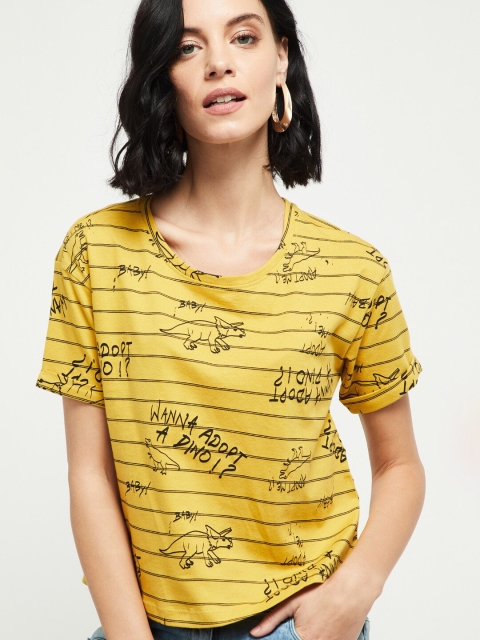 

max Women Yellow & Black Striped Round Neck T-shirt